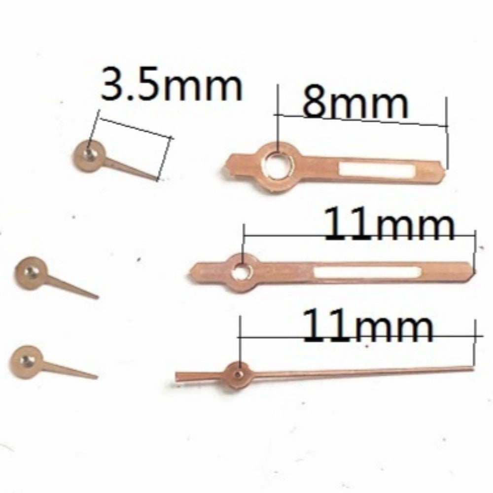 Rose Golden Trim Green Lume watch hands for Miyota JS15, enhancing visibility and style with precision design