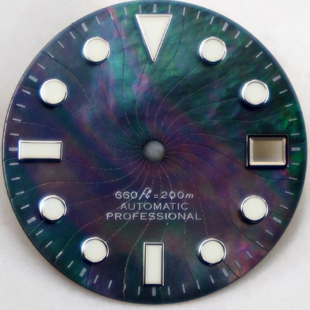 Rainbow 28.5mm Natural Seashell Vein watch dial with blue lume, designed for NH35 movement.