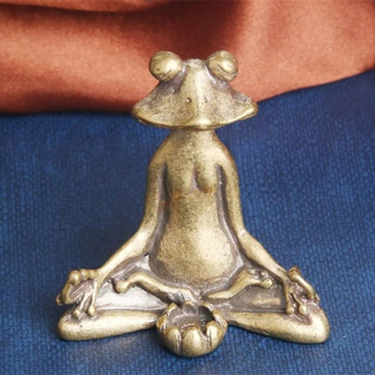 Vintage hand-carved solid copper meditation frog figurine, bronze finish, unique collectible trinket.