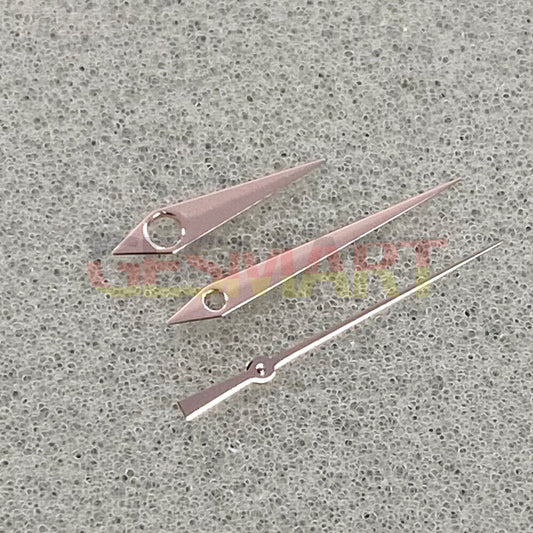 Blue-green luminous pointed watch hands for NH35/NH36/4R/7S movements, polished finish, Seiko-compatible.