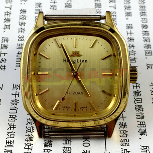 HONGLIAN manual mechanical watch with golden nail markers, square golden case, and elegant golden dial for classic style.