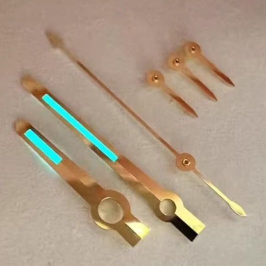 Golden trim C3 blue lume watch hands for 4130 mechanical movement, perfect for luxury watch repairs.