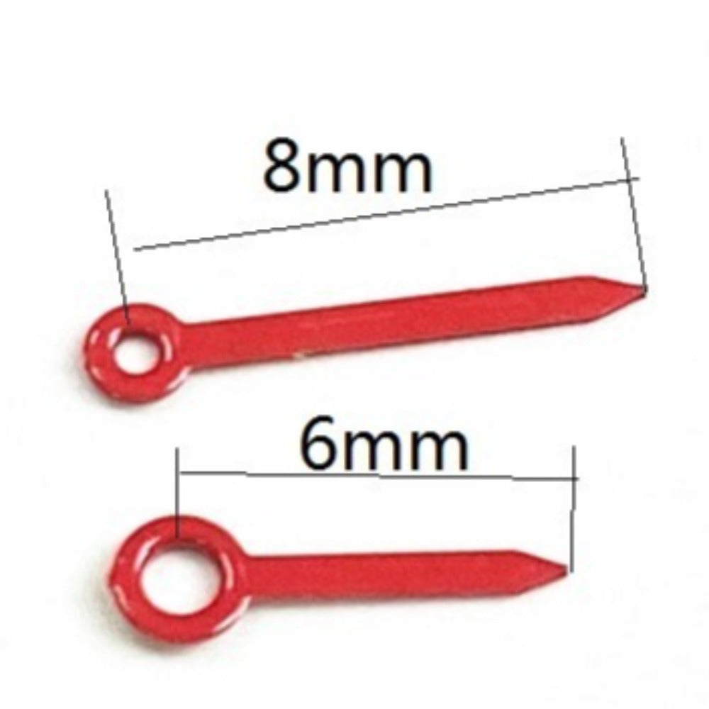 Red painted 6x8mm watch hands compatible with Ronda 763, 762, 751, 1062, 1063 movements.