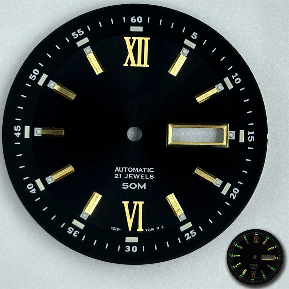 Black 35.8mm Datejust watch dial with golden Roman numerals and modified lume for NH36 movement.