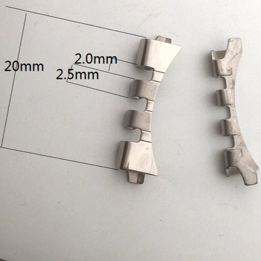 Steel curved end links 2.5x20x2mm for metal watch bands, compatible with various bracelets.