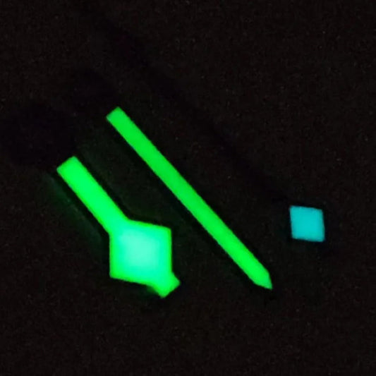 Black trim 12.5mm green lume snowflake watch hands for NH35/36 NH38 NH72 movements, HMS style, brand quality.