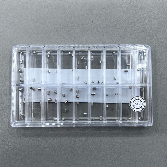Assorted 90-piece brass watch crown tubes in 18 sizes, ideal for watch repairs and customization.