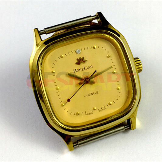 HONGLIAN manual mechanical watch with golden nail markers, square golden case, and yellow dial, elegant design