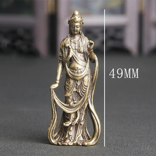 Solid copper Guanyin Buddha figurine, vintage hand-carved bronze model by Thailand artisan.