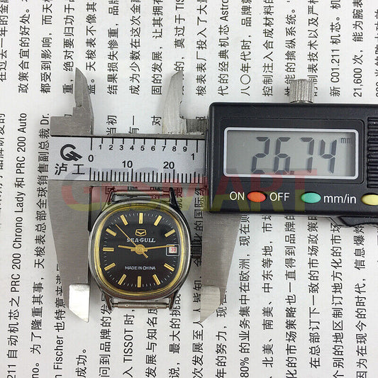 Seagull 26mm black square case ladies watch with manual mechanical movement and single calendar display.