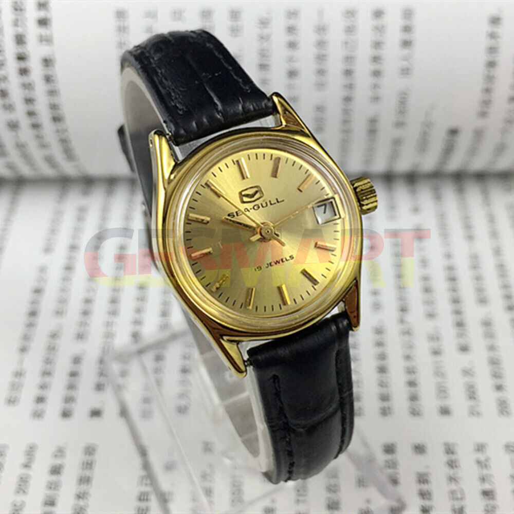 Montre mécanique à cadran rond pour femme, cadran doré, calendrier simple, motif mouette