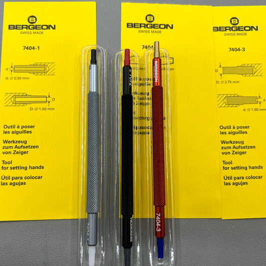 Swiss Bergeon 7404 watch hand fitting tools, precision set of 3 for professional watch repairs.
