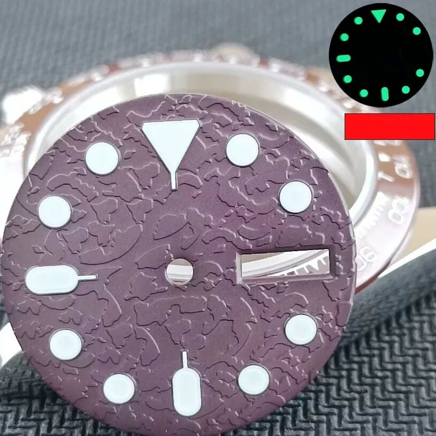 Green lume bumpy metal nail markers on white purple SKX007 NH36 watch dial.