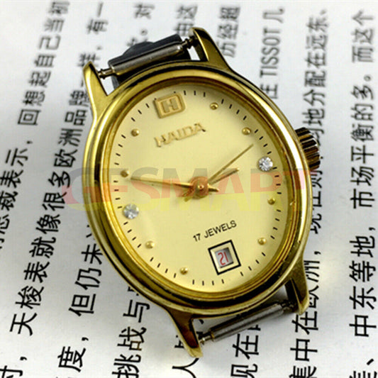 Elegant manual mechanical lady watch with imitation diamond markers, 17 jewels, single calendar at 6, classic style.