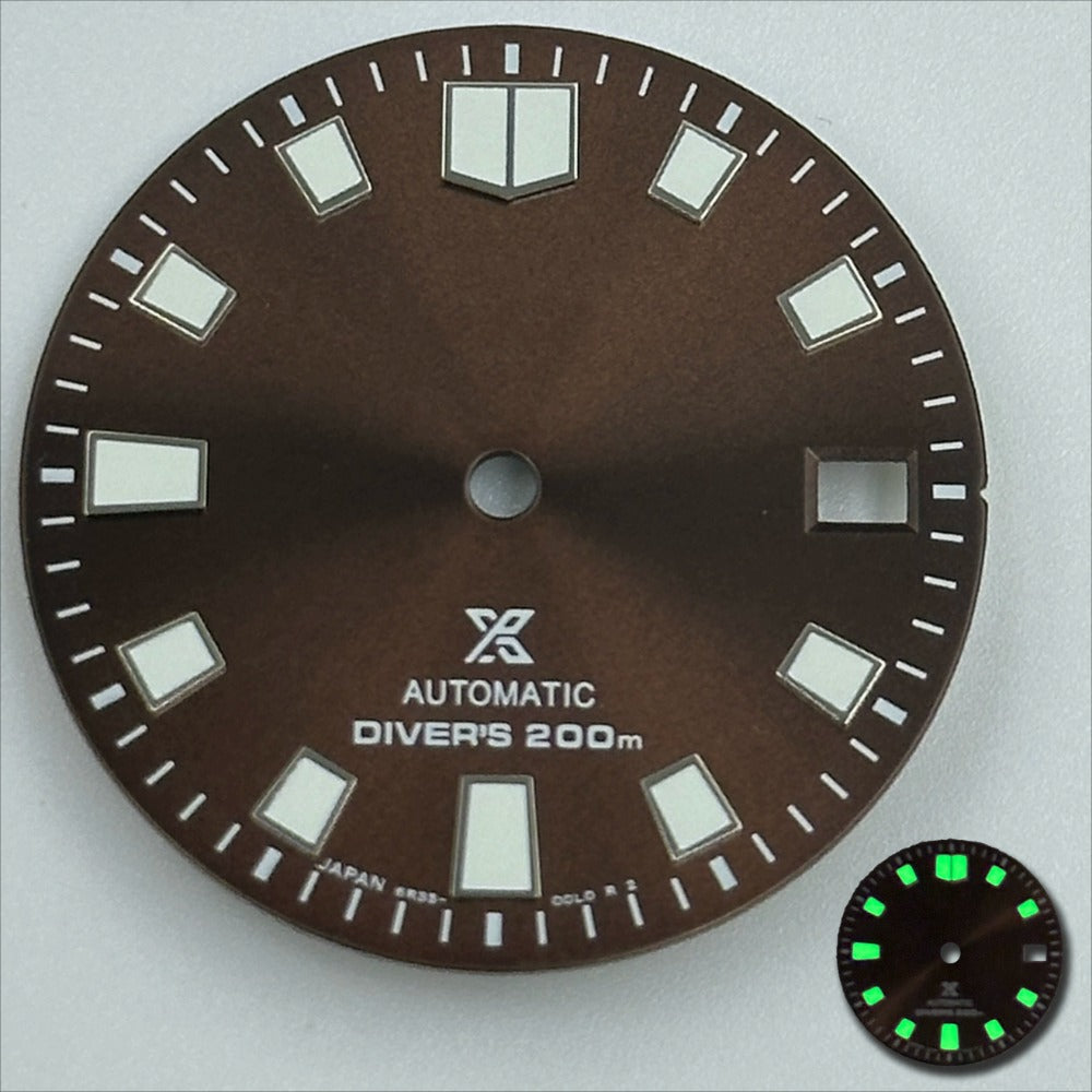 Brown 28.6mm diving watch dial with green luminous markers, compatible with NH35 NH36 movement,.