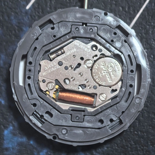 Japan Made Miyota 6M55 quartz movement watch part with 3 hands and date display at 3 o'clock.