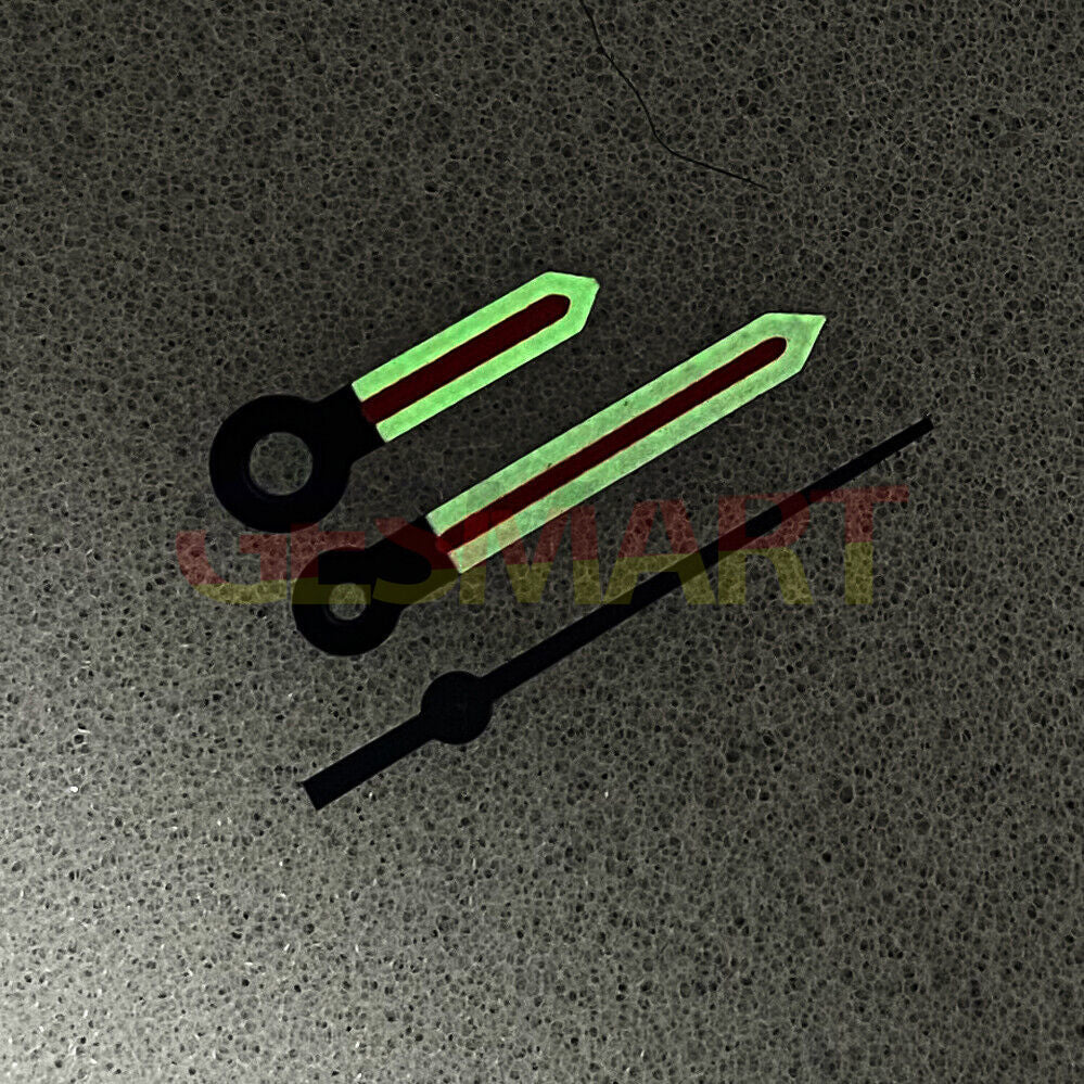 Red arrow-shaped silver trimmed luminous watch hands for NH35/NH36 movements with green glow.