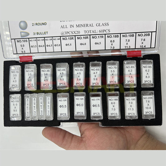 KG-6021-DLF date lens in three sizes, mineral glass, durable watch accessory, 60 pieces per box by KG.