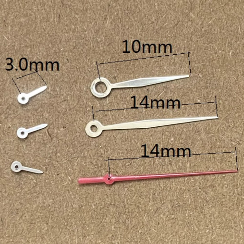 Red diamond-shaped 14mm watch hands with silver trim and lume, compatible with Miyota JS15 movements.