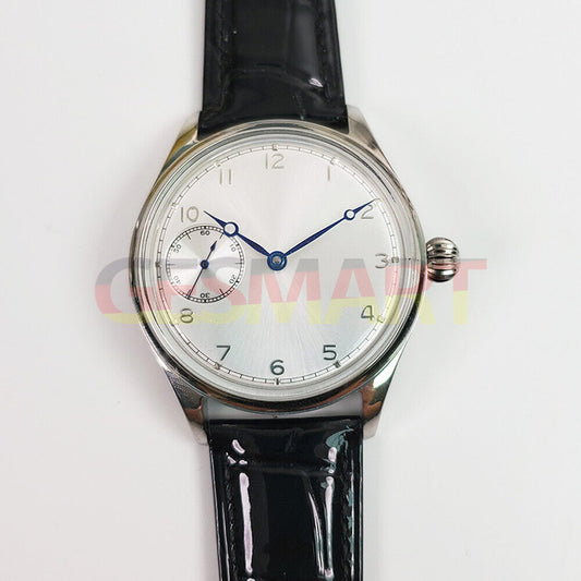 42mm Seagull ST3600 men's watch with manual chain-up mechanical movement and white dial.