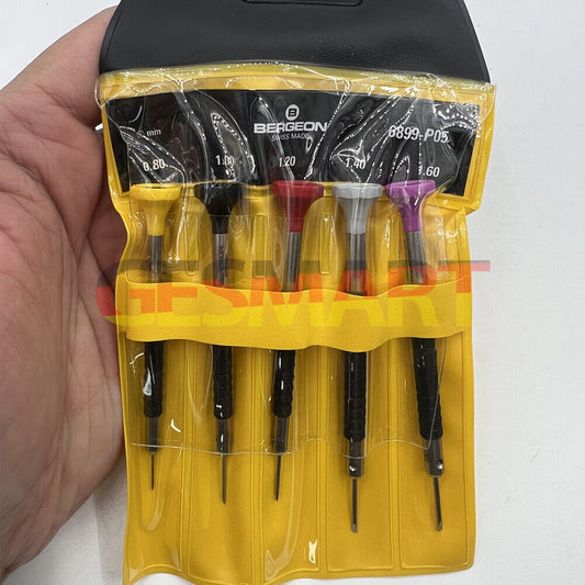 Bergeon 6899-P05 ergonomic screwdrivers set for precise watchmaker repairs and adjustments.