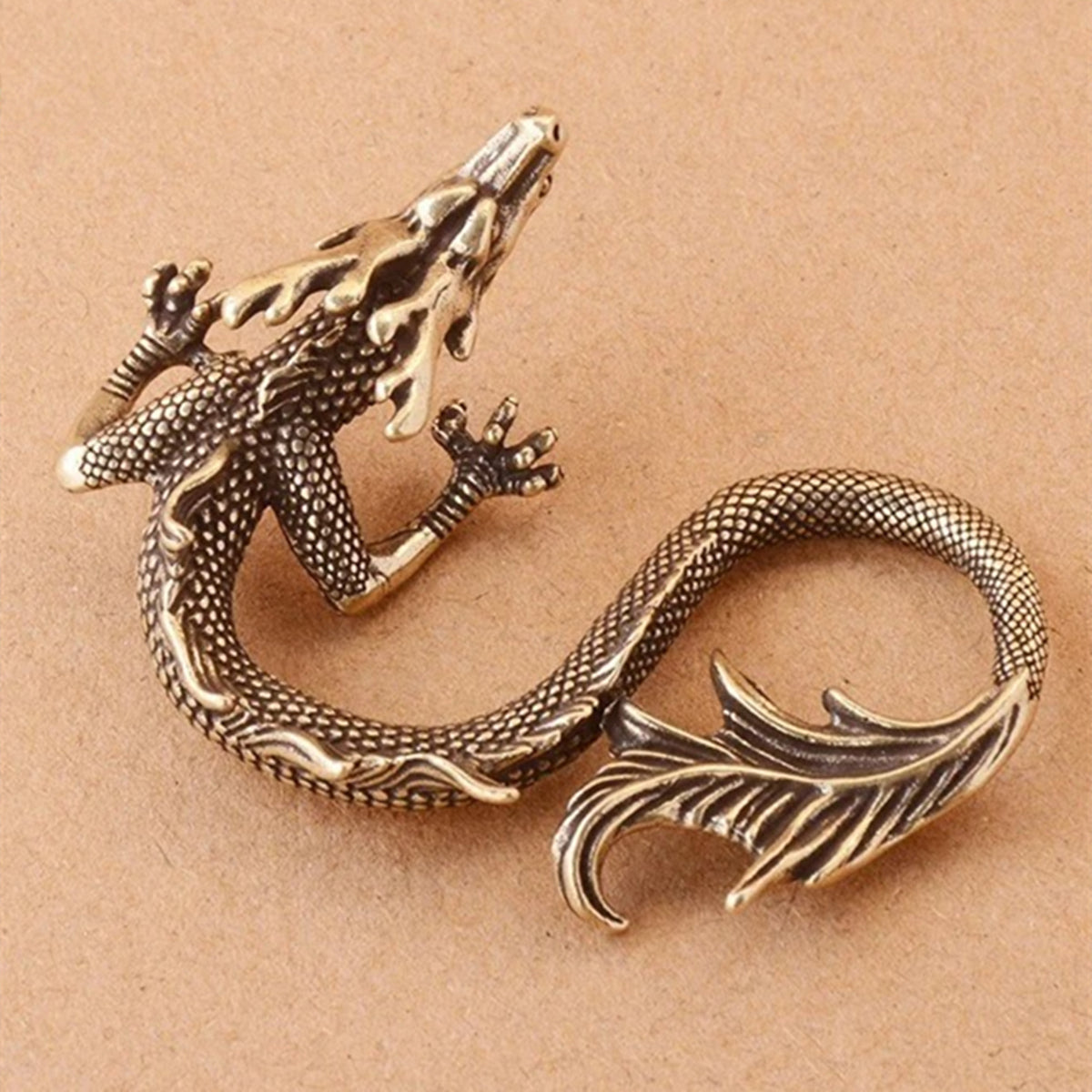 Hand-carved solid copper fire-breathing dragon trinket with vintage bronze patina.