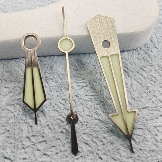 Silver Trim C3 Green Lume watch hands for NH34/NH35 movements, enhancing visibility with luminous detail.