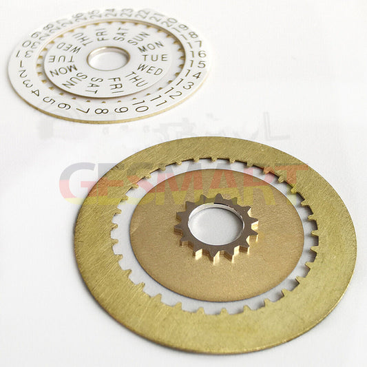 Pilot White Date and Week Calendar Disk Wheel for China Made/ETA 7750 watch movement, compatible replacement part.