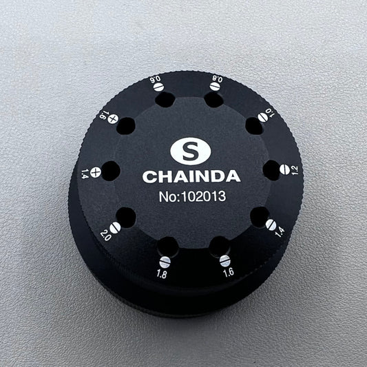 Black rotating stand with 10 slots for 0.6-2.0mm watch screwdrivers, organized storage solution.