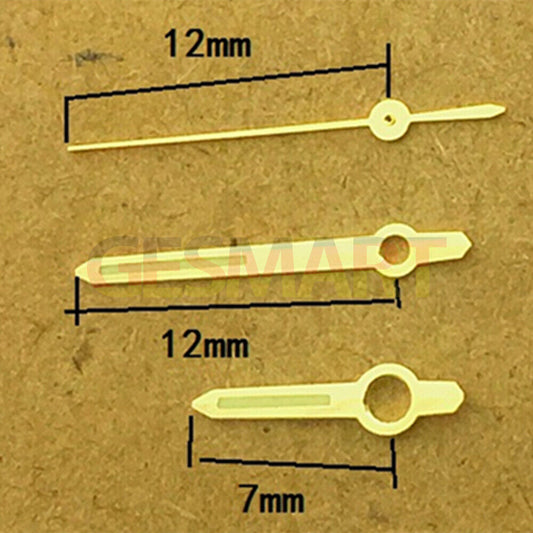 12mm golden green luminous watch hands designed for Miyota 8205 quartz movement, enhancing visibility and style.