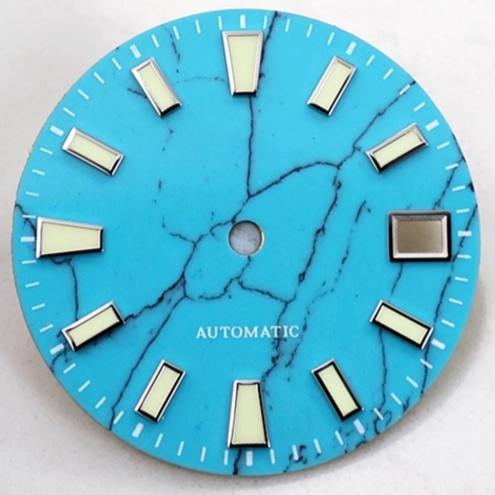 Blue Big Nail 28.5mm Natural Malachite watch dial with green lume for NH35 movement, showcasing natural vein patterns.
