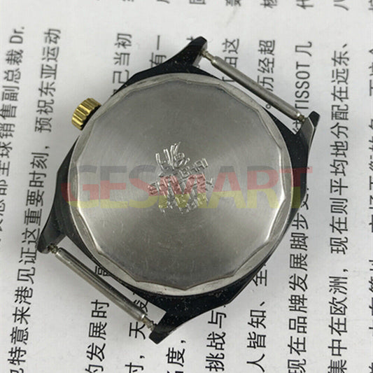 Shanghai Factory 33mm manual mechanical watch with double calendar, black dial, classic design.