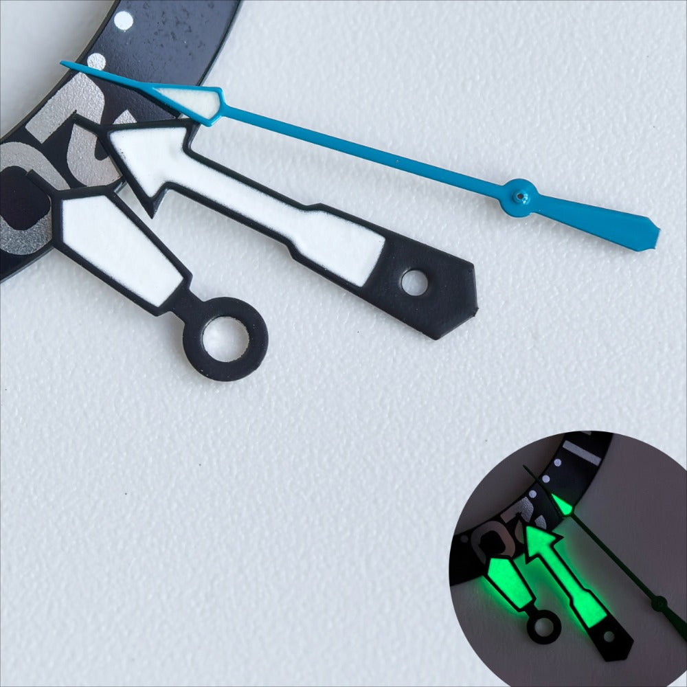 Black-trimmed white watch hands with blue second and green lume for NH35/36 movement, precise and luminous.