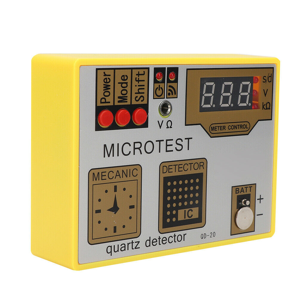 QD-20 Quartz Movement Tester showing precise battery and movement diagnostics for watches.