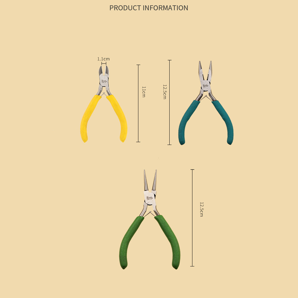 Three-piece plier set with side cutting, round, and flat halfround tips in branded carrying case for precise watch repairs.
