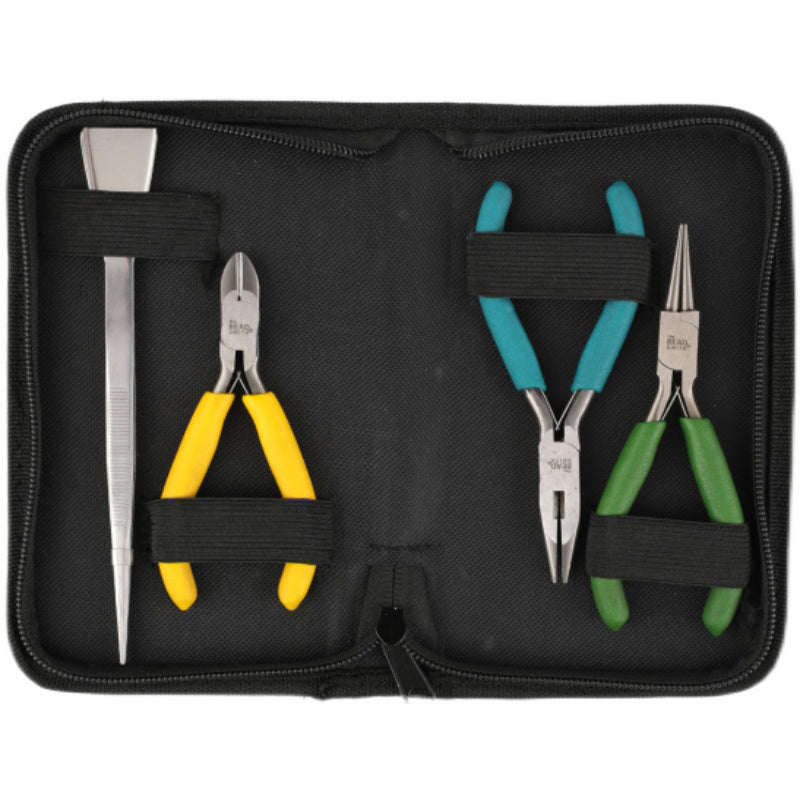 Three-piece plier set with side cutting, round, and flat half-round tips in carrying case for precision watch repairs.