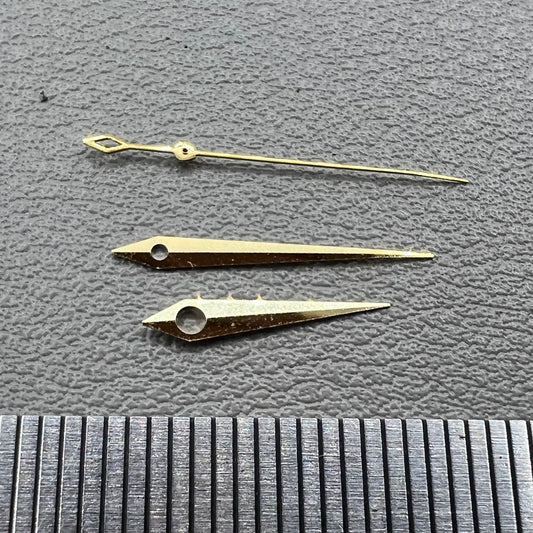 Golden rhombus tail watch hands set for NH35 NH36 NH38 movements, no lume, sleek design.