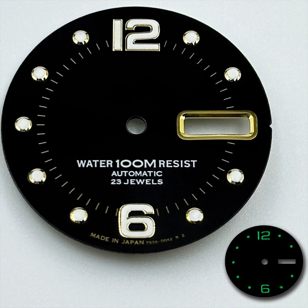 Black green luminous Datejust 28.5mm dial for NH36 movement, ideal for diving watches.