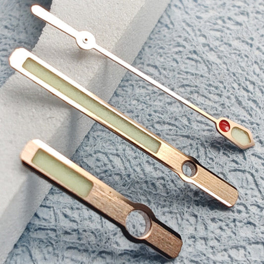 16mm Abalone 6105 watch hands with green lume and rose gold trim for NH36 NH35 movements.