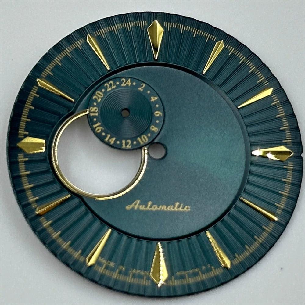 Dark green and gold 35mm cocktail diving watch dial for NH39 movement, stylish accessory face.