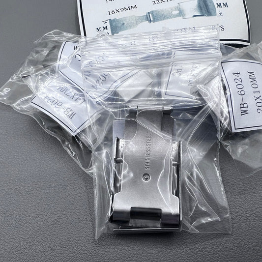 Seven sizes of Metan single push watch buckles for secure watch band fastening.