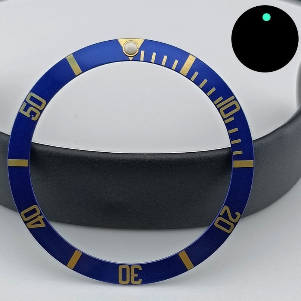 Green lume 37.5mm aluminum SUB watch bezel with black slope and golden font.