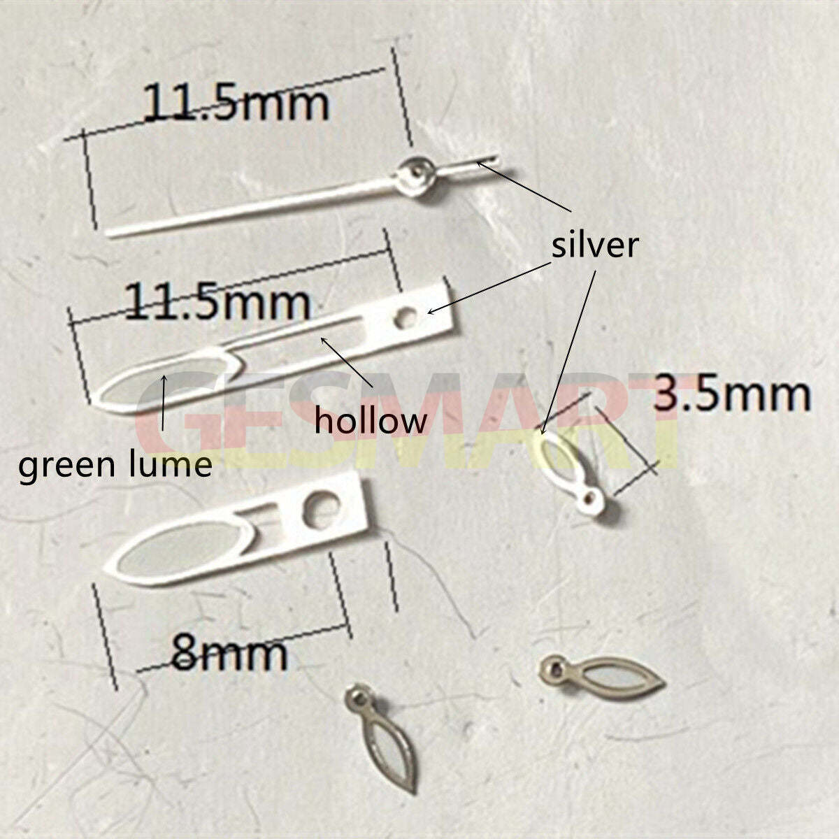 Aiguilles de montre 11,5 mm avec finition argentée et verte luminescente pour Miyota OS10, OS20, OS22, OS60, OS80