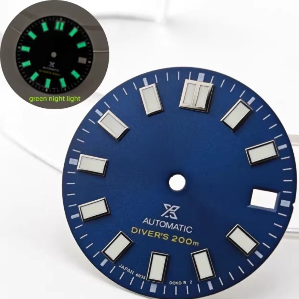 28.5mm Dark Blue with Green Lume Watch Dial Fit for NH35 NH36 Movement No Logo Diver's 200m