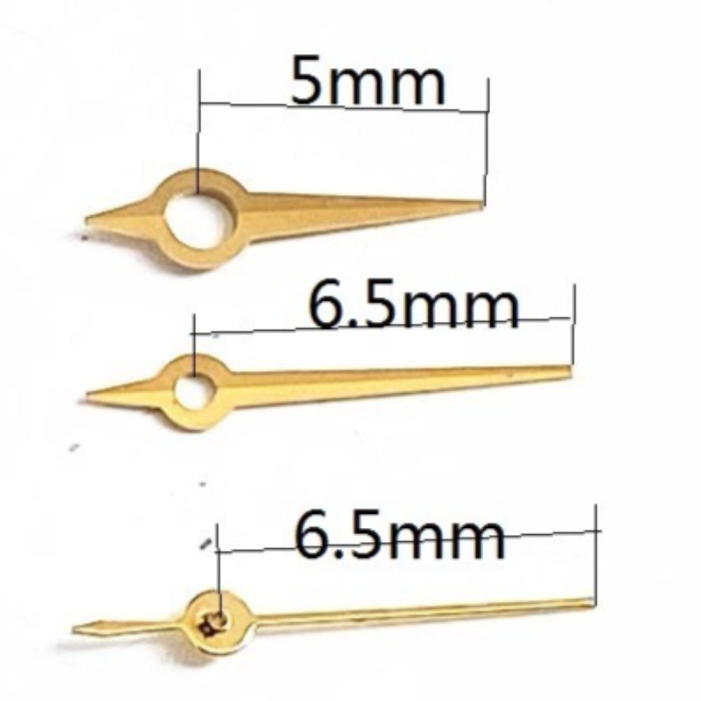 Golden 6.5mm arrow-shaped watch hands by Ronda for 785 movement in watch repair