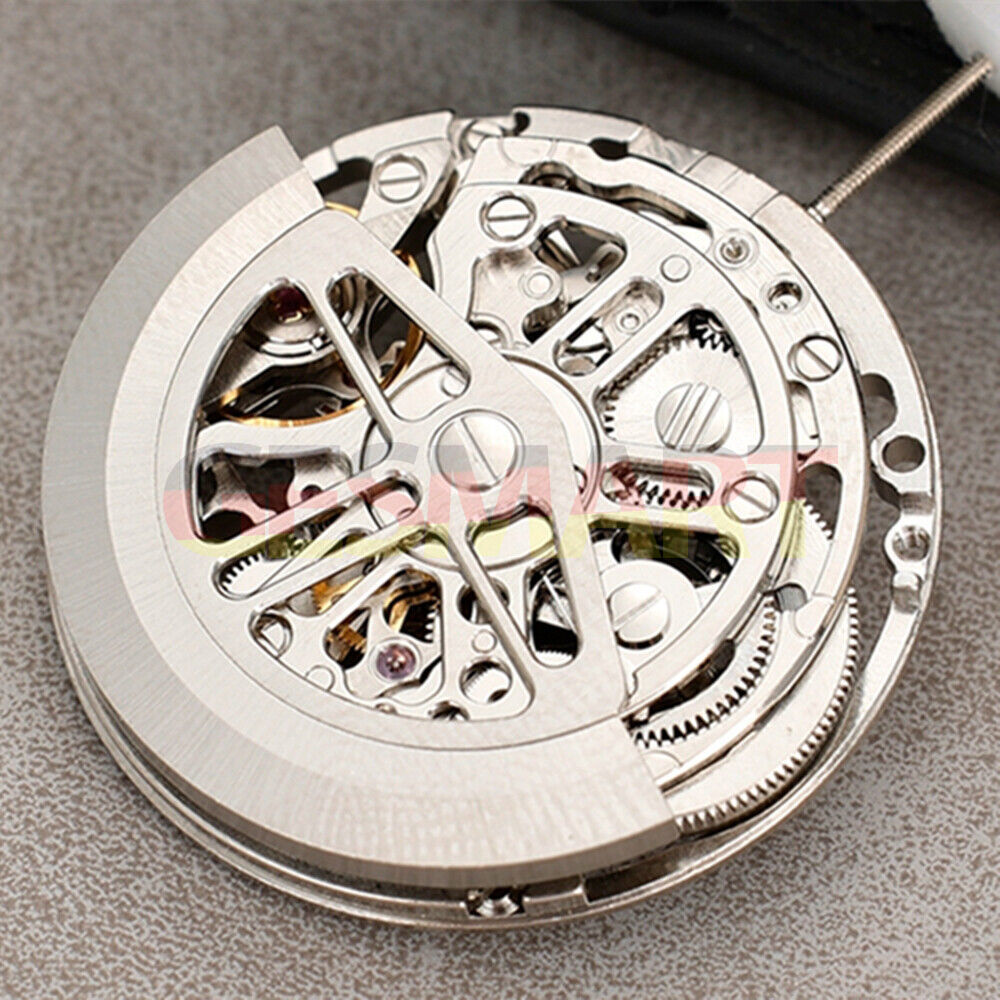 Asian HZ7590A silver hollow balance wheel displaying intricate automatic mechanical watch movement details.
