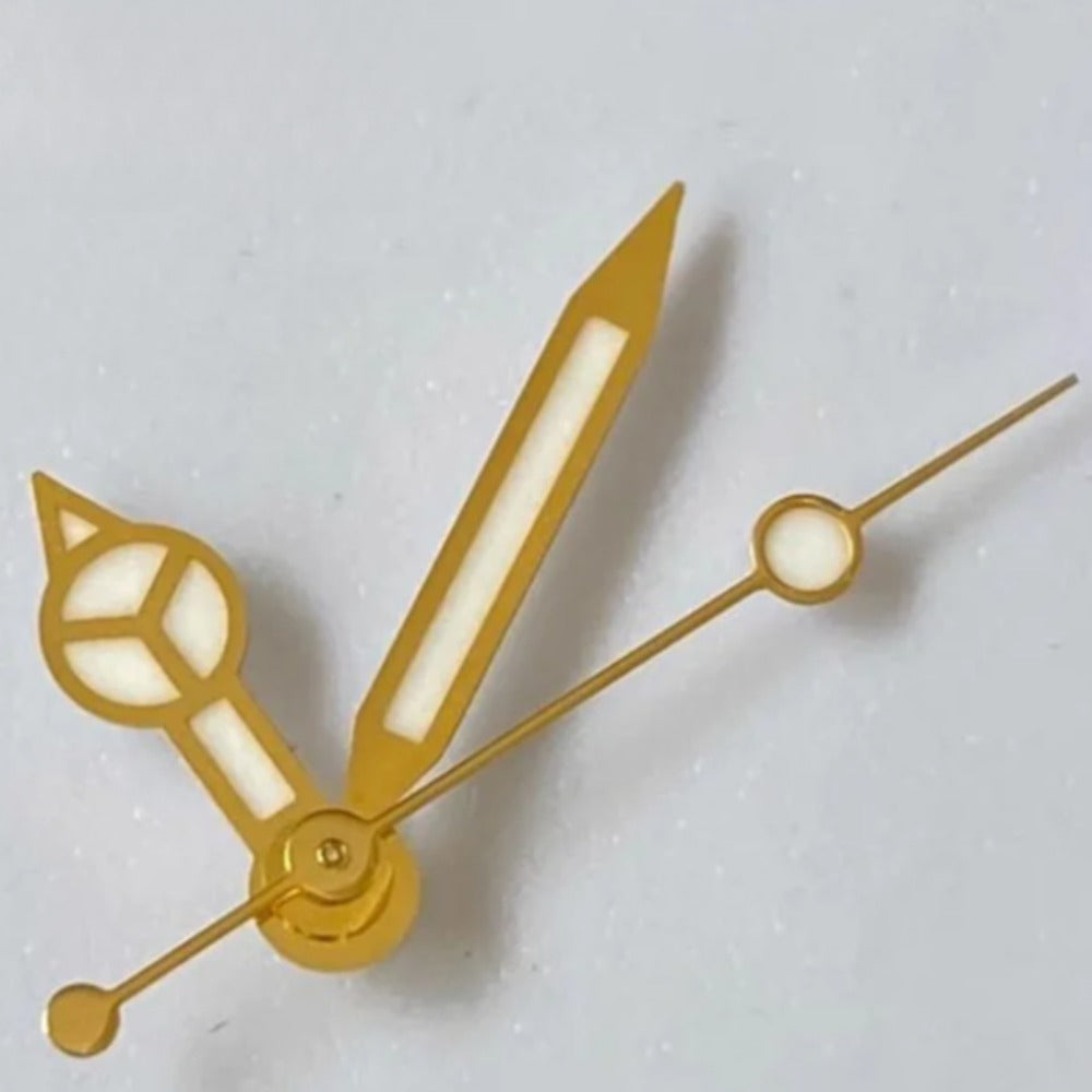 Golden Trim green lume watch hands set, 8x12x12.5mm, compatible with NH34/NH35/NH36/NH38/NH39 movements.