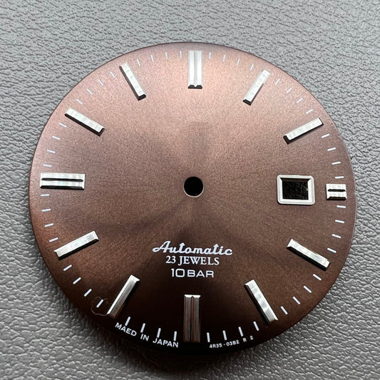 Silver nail-style markers on modified brown 34mm watch dial, compatible with NH35 NH36 movements.