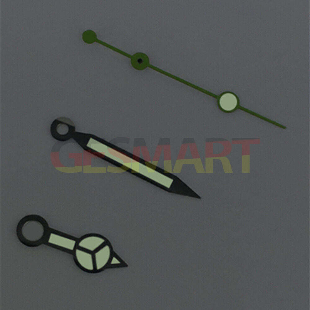 Green lume watch hands with black trim for ETA2836/2846/2824/2846 movements, perfect for vintage watch restoration.
