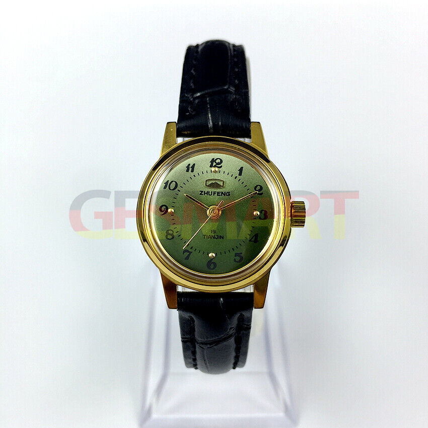 Montre mécanique manuelle Zhufeng pour femme, boîtier rond, 3 aiguilles, fond vert